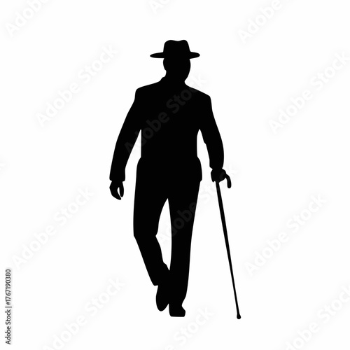 Silhouette of a man with a hat and cane walking forward.