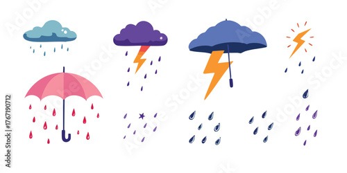 Four weather icons clouds lightning rain and umbrellas are displayed against a white background