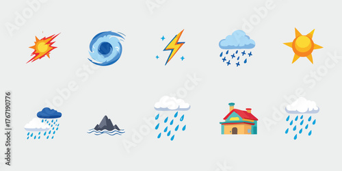 Icons depicting weather events a hurricane rain lightning the sun and flooding