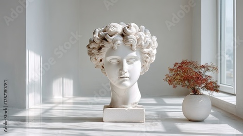 White Greek Style Sculpture Head with Floral Hair Accents and Textured Vase with Berries in Bright Sunlight by Large Window