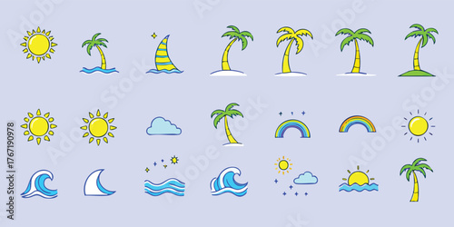 Many summer beach icons include suns palm trees waves rainbows and clouds on a lavender background