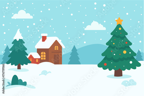 Peaceful Winter Landscape with Christmas Tree and Cozy House
