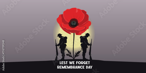 Lest We Forget Remembrance Day Poster with Red Poppy and Soldier Silhouettes