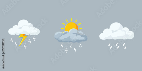 Three weather symbols thunderstorm sunny showers  rain cloud on gray