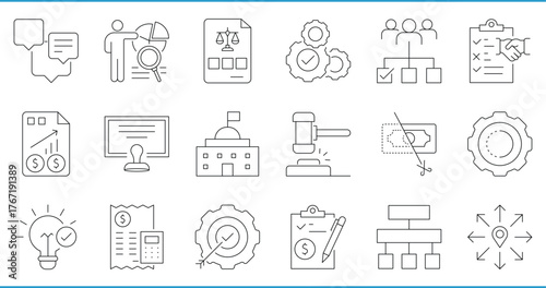 Compliance related 18 line icons set. Vector editable stroke.