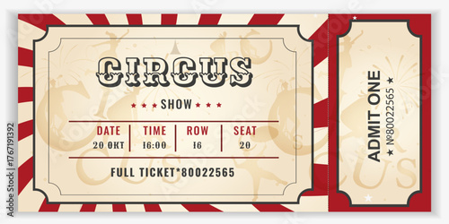 Vintage circus ticket in retro style. Red stripes, silhouettes of artists, fireworks. Perfect for shows, events, invitations. Vector template for printing and web.

