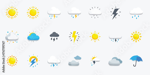 Weather icons suns clouds rain snow lightning and an umbrella