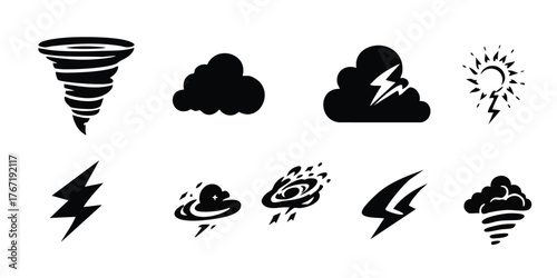 Black  white weather icons tornado cloud lightning sun rain gale
