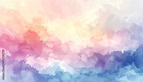 A dreamy watercolor painting of clouds in pastel colors, blending from yellow to pink to blue, creating a soft and ethereal atmosphere.