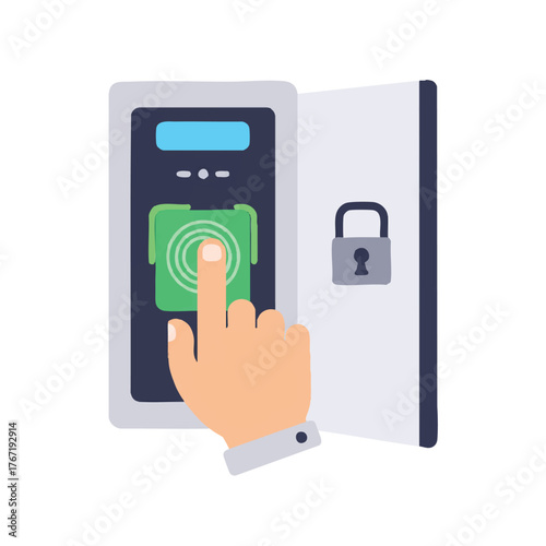 A flat 2D vector illustration of a hand using a glowing green biometric scanner pad next to a secure doorway for digital access control and multi-factor authentication.