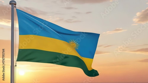 National flag of rwanda nation waving on the wind with a beautiful sunset on the background, banner of the country