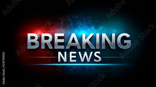Breaking news banner with glowing blue and red light effects on dark background, digital headline template for television broadcast, media update or online journalism
