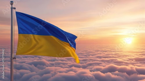 National flag of ukraine nation waving on the wind with a beautiful sunset on the background, banner of the country