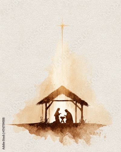 Watercolor nativity scene illustration showing Mary and Joseph with baby Jesus in the manger under the bright Bethlehem star, minimalist beige Christmas art with warm tones
