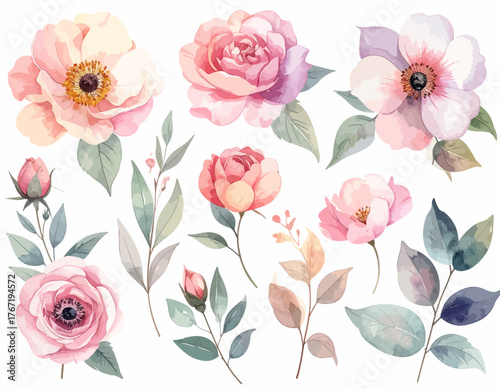 Watercolor illustration of various pink flowers and green leaves on a white background.