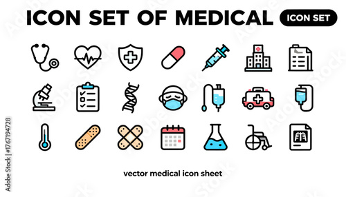 Colorful Medical Icon Sheet — 20 Vibrant Vector SVG Icons (Stethoscope, Heartbeat, Shield Cross, Pill, Syringe, Hospital, Microscope, Clipboard, DNA, Ambulance, IV Drip, Oxygen Mask, First Aid Kit, Th