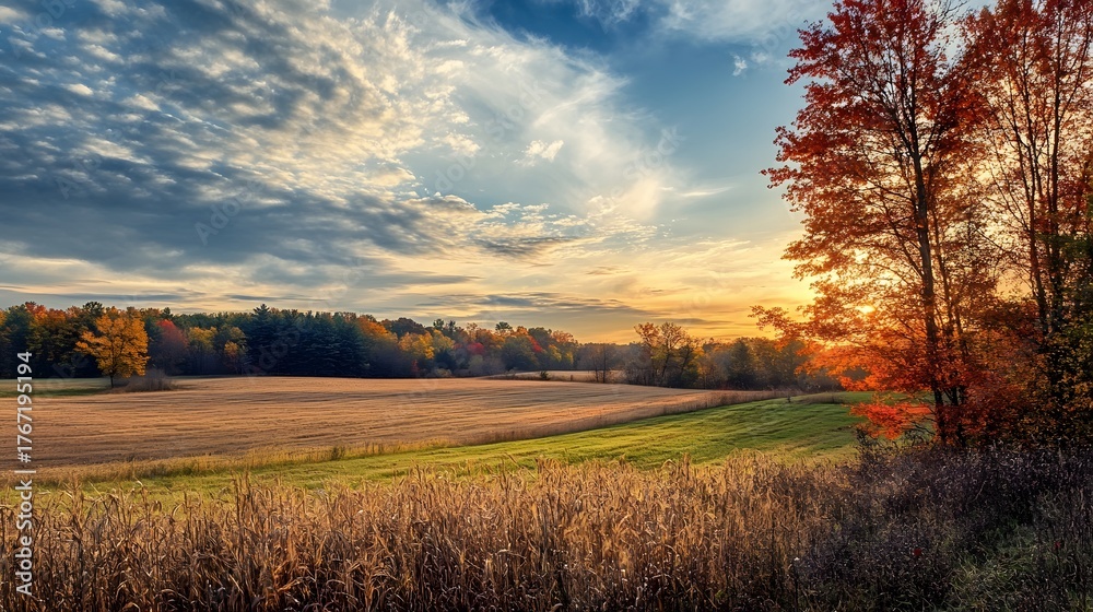 Obraz premium A beautiful sunrise over a field with fall foliage and a single tree in the foreground.