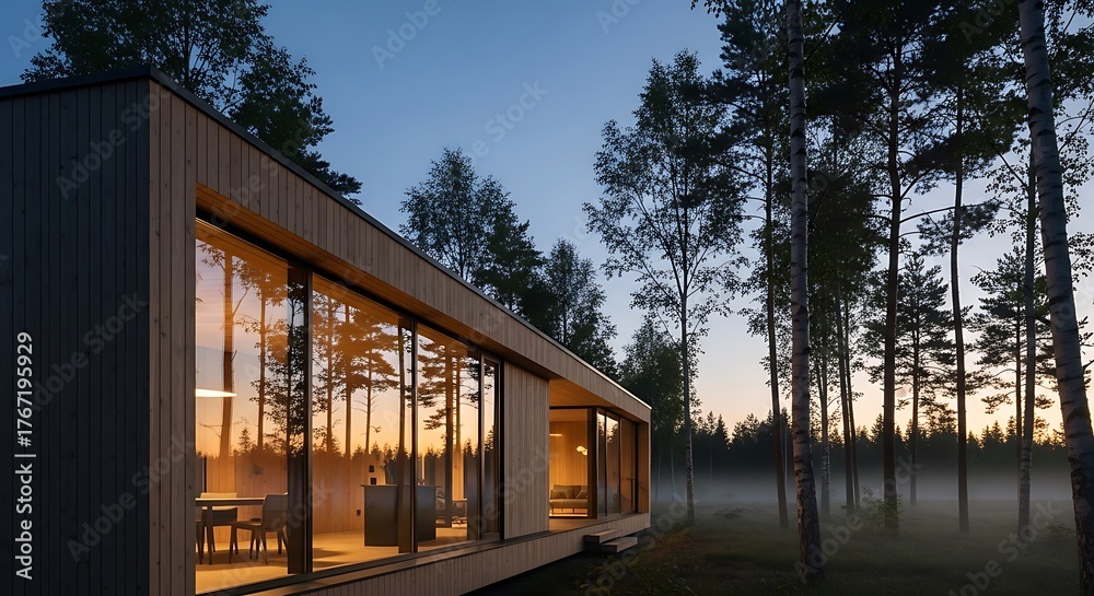 Fototapeta premium Modern House Exterior at Dusk with Forest Backdrop.