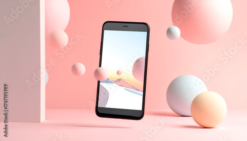 Smartphone Displaying a Snowy Mountain Scene with Pink Background and Floating Spheres in Studio Setting