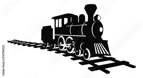 Silhouette of a vintage steam locomotive on railroad tracks against a white background