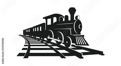 Classic steam locomotive pulling passenger cars along a railway track in a bold silhouette