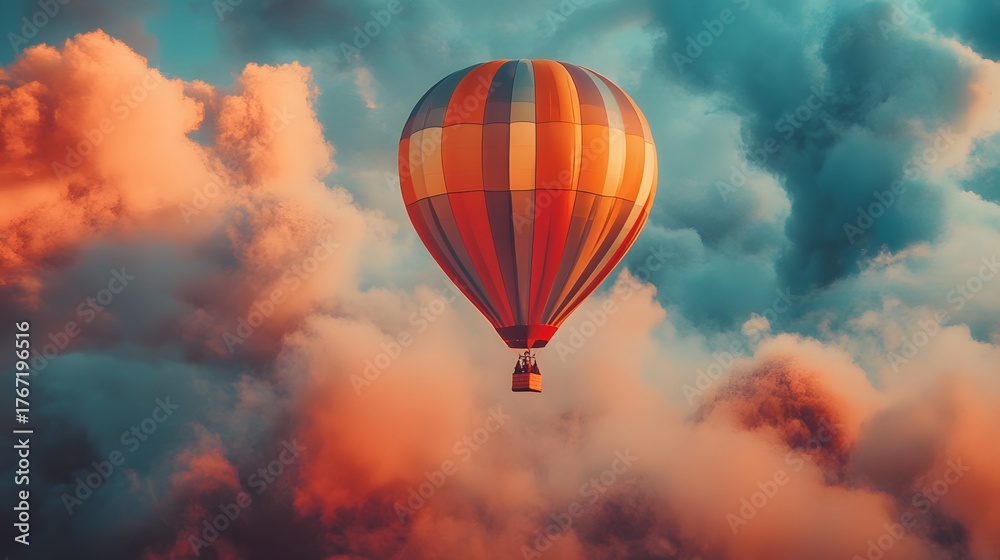 Fototapeta premium A colorful hot air balloon floats in the sky, surrounded by dramatic clouds at sunset.