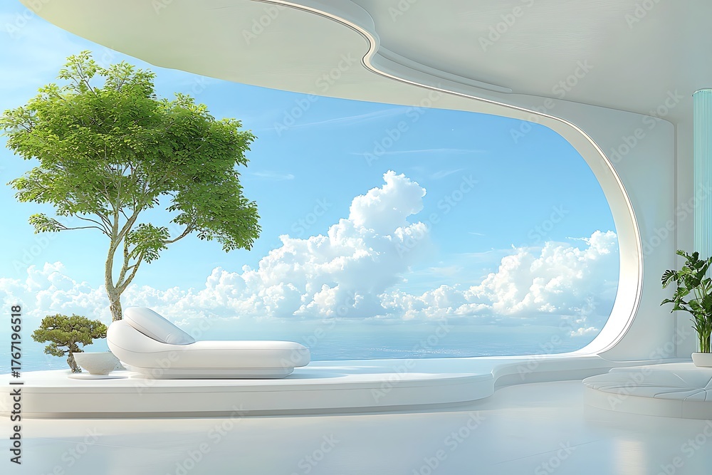Fototapeta premium Serene Modern Living Space with Stunning Ocean View and Lush Greenery Under Bright Sky