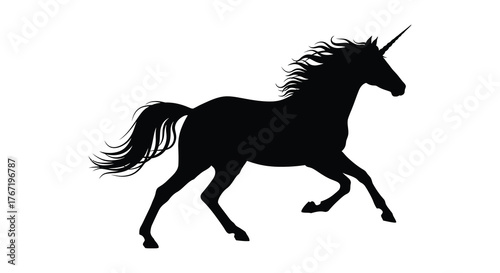 Majestic black silhouette of a powerful unicorn with flowing mane and tail in a dynamic pose on a white background
