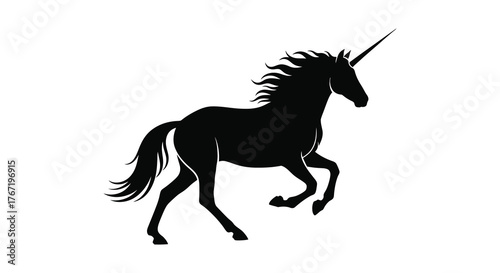 Silhouette of a majestic black unicorn with a flowing mane and tail rearing up on a white background