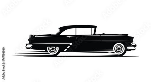 Classic black silhouette of a vintage american convertible car in motion on a white background