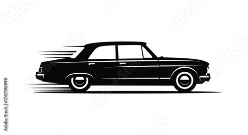 Vintage black car in motion with speed lines suggesting fast travel on a white background