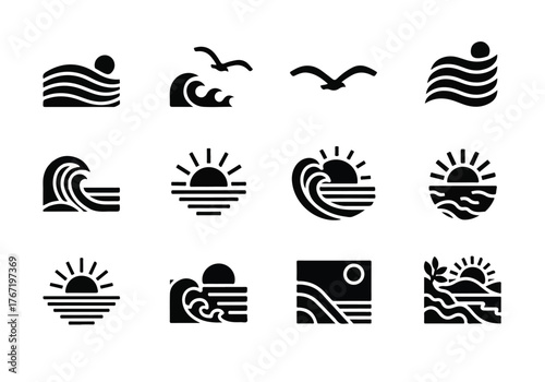 Wallpaper Mural A collection of twelve minimalist black glyph icons depicting various scenes of the sun, waves, and seagulls, isolated on white background Torontodigital.ca