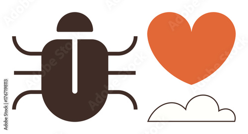 Stylized brown beetle next to orange heart and minimalist cloud. Ideal for nature, love, sustainability, environmental balance, climate care, symbolism, and conservation. A simple flat metaphor