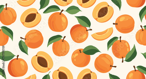 Seamless pattern of fresh, ripe orange apricots, with whole fruits, halved fruits showing pits, and slices, complemented by green leaves on a light cream background.