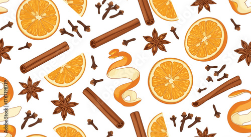 Seamless pattern of oranges, cinnamon sticks, cloves, star anise, and orange peel.