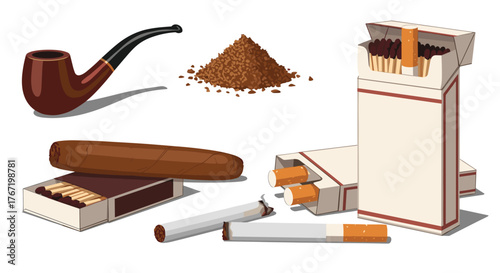 An illustration of tobacco products including a pipe, cigar, cigarettes, and tobacco.