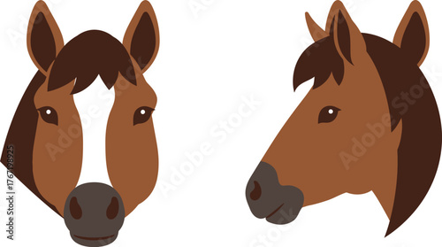 Two stylized flat vector illustrations of a brown horse head facing forward and in profile on a white background