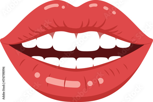 Close up of a woman s smiling mouth with bright red lipstick and perfect white teeth isolated on a white background