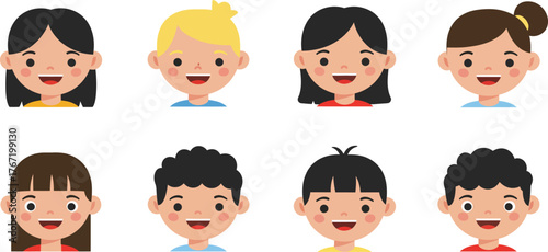 Diverse group of happy cartoon children faces with different hair styles and skin tones representing childhood and youthful joy