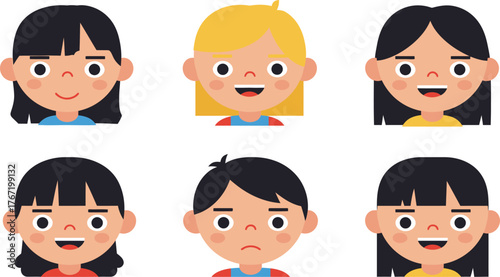 Collection of six diverse cartoon children avatars with different hairstyles and expressions on a white background representing various emotions and individuality