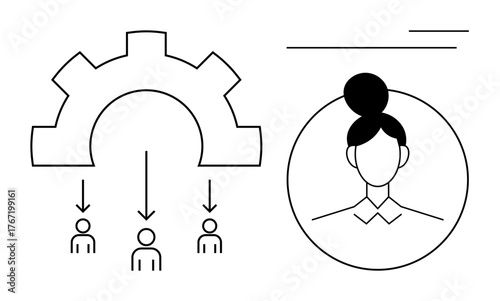 Gear distributing tasks to team icons, arrows denoting workflow direction, female leader in profile circle. Ideal for teamwork, management, leadership, automation, tasks, collaboration simple flat