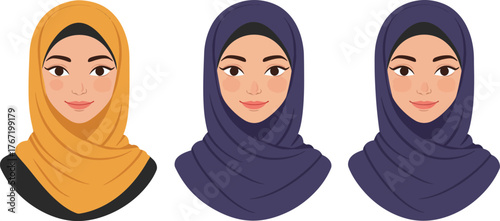 Three diverse muslim women wearing colorful hijabs showcasing different styles of islamic headscarf fashion and cultural representation