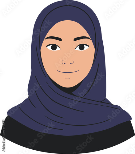 Portrait of a young muslim woman wearing a dark blue hijab with expressive eyes and a neutral facial expression isolated on white