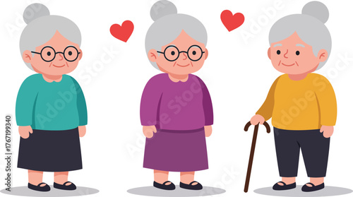 Three charming elderly women with grey hair and glasses standing together with hearts floating above them