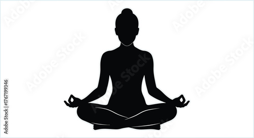 Silhouette of a woman meditating in a serene yoga pose with hands in gyan mudra on a white background