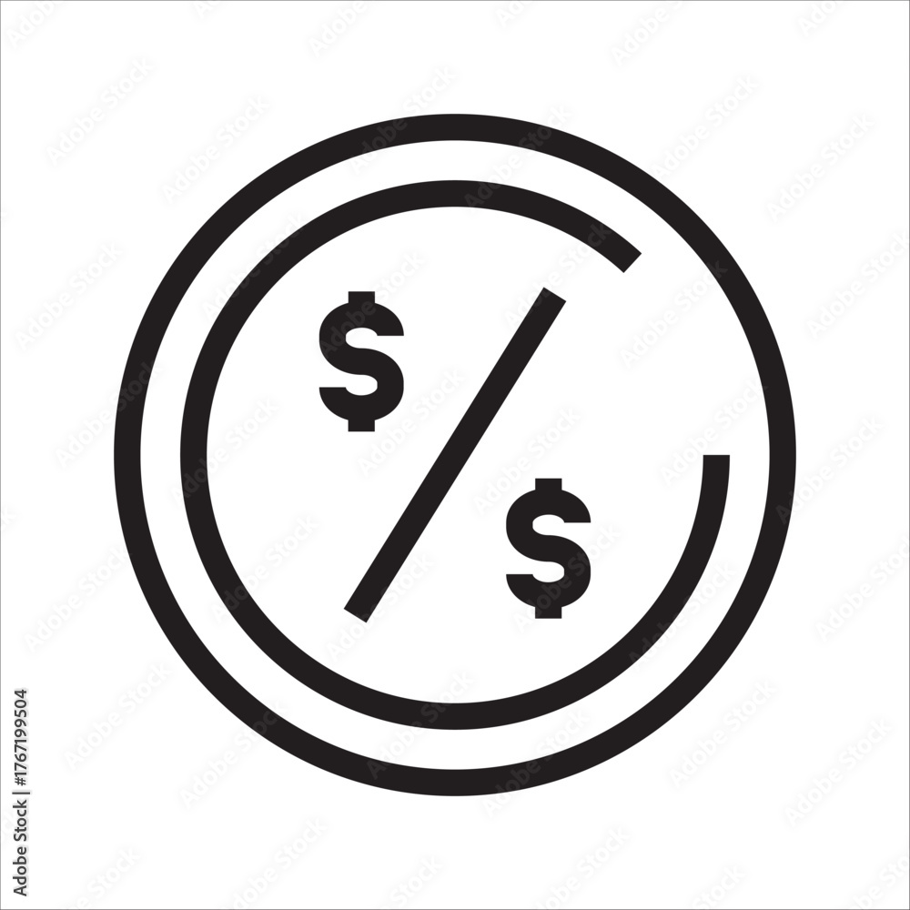 Obraz premium An icon representing a percentage sign or discount rate with two dollar symbols separated by a diagonal line, symbolizing financial calculations, sales, or business metrics.
