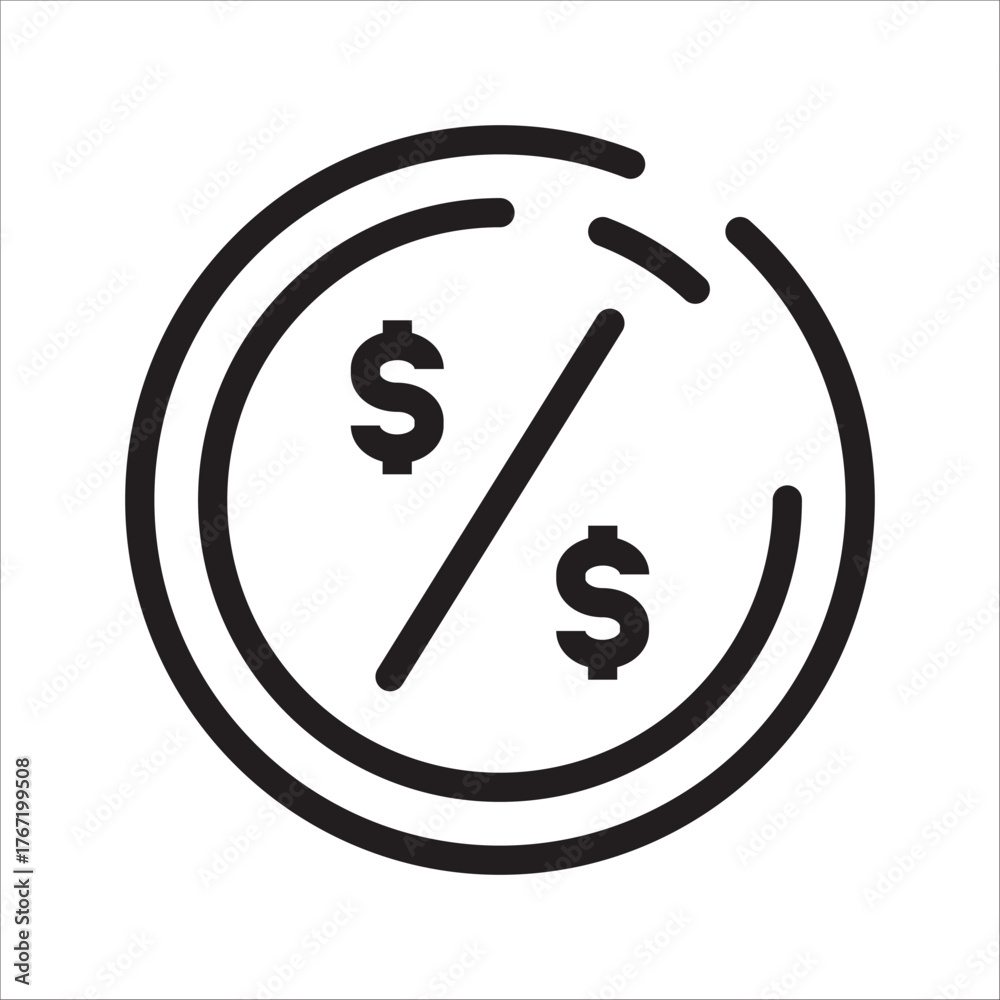 Obraz premium An icon representing a percentage sign or discount rate with two dollar symbols separated by a diagonal line, symbolizing financial calculations, sales, or business metrics.