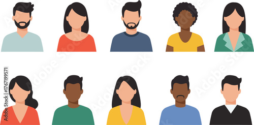 Diverse group of ten people portraits in a flat illustration style representing various ethnicities and genders with simple clothing and hairstyles