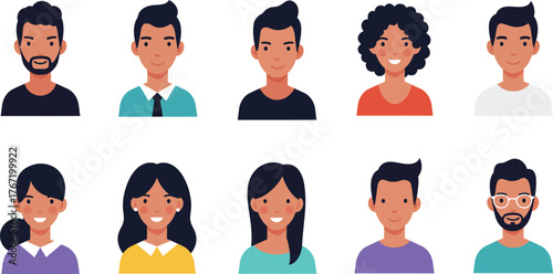 Diverse group of ten cartoon avatars representing people of various ethnicities ages and genders in a clean flat illustration style