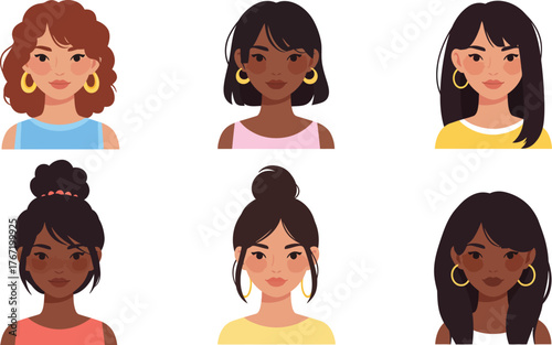 Diverse group of six young women portraits with different hairstyles and skin tones showcasing individuality and beauty